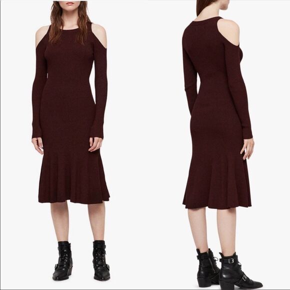 NWT All Saints Yasmin Bordeaux Red Twist Dress Cold Shoulder Long Sleeve Small - Picture 1 of 8